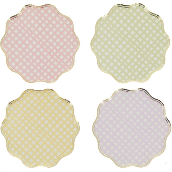 8 platos Vichy lila,  rosa,  amarillo,  verde 