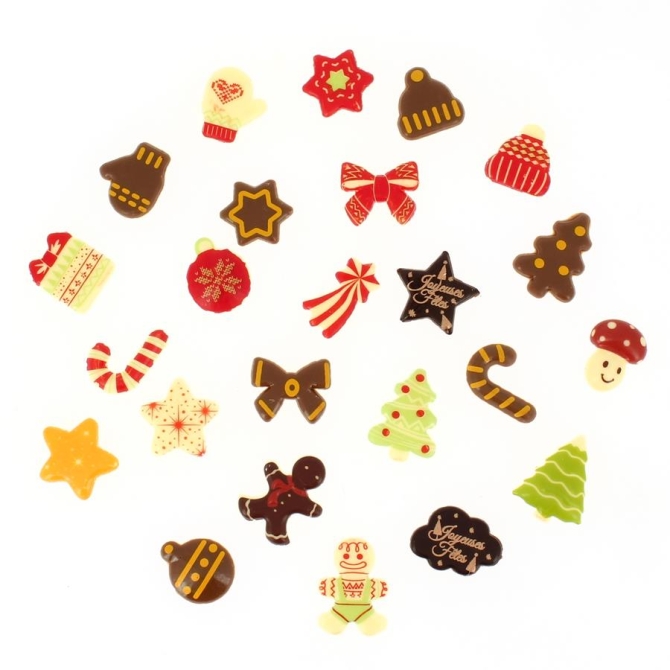 24 Mini Regalos de Chocolate (3, 2 cm maxi) - Calendario de Adviento 