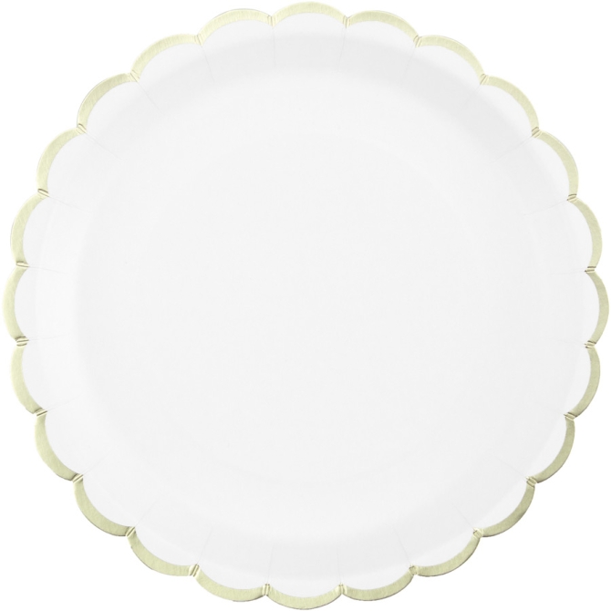 8 platos festoneados blancos y dorados 