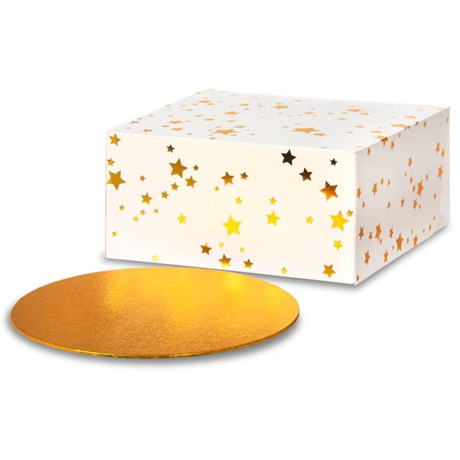 Caja para Tarta  +  Base Redonda  25 cm - Estrellas doradas 