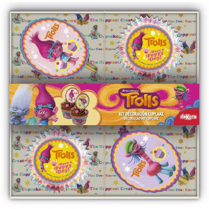 Kit 48 Moldes para Hornear  +  24 Decoraciones Cupcake Trolls 