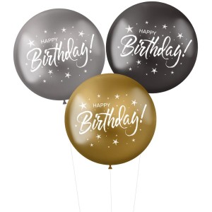 3 Globos XL Feliz Cumpleaos Negro/Plata/Oro  48 cm