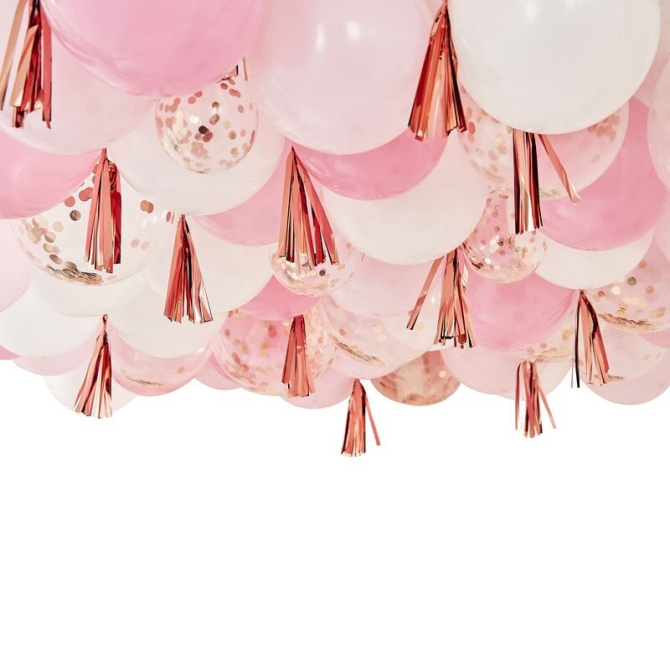 Kit de decoracin de techo - Globos y borlas rosa y oro rosa 