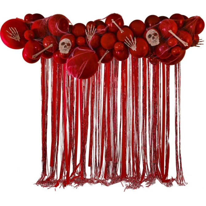 Arco de 60 globos rojos de Halloween con banderines,  huesos y calaveras 