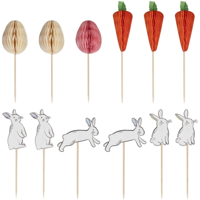 12 Cake Toppers Conejo,  Zanahoria y Huevo de Pascua 