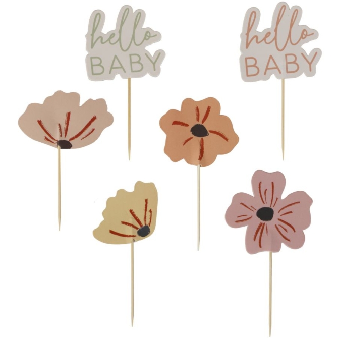 12 Cupcakes Toppers Hello Baby Floral 