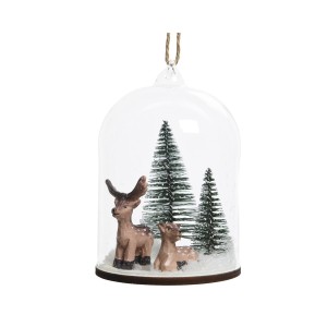 Decoracin para colgar Grande campana de nieve reno y cervatillo (12,5 cm) - Cristal/Madera