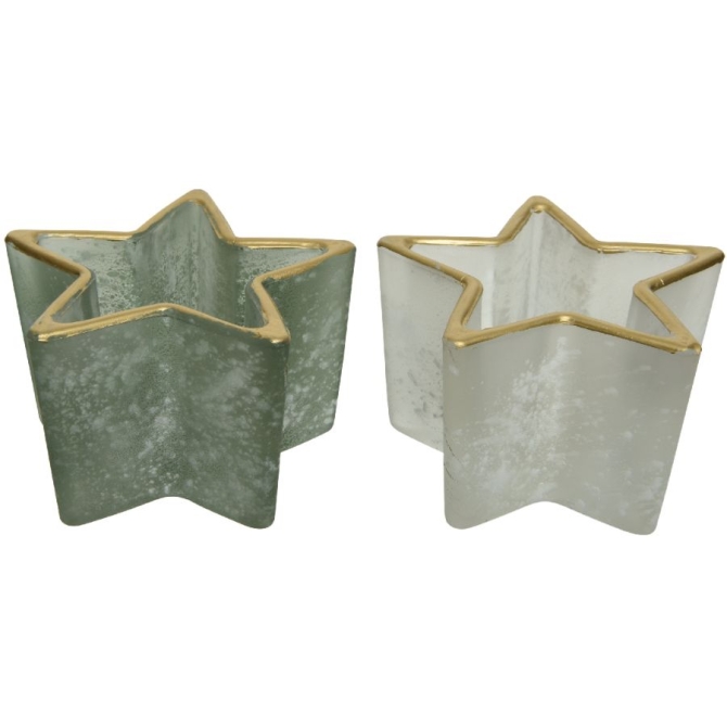 2 portavelas de cristal con forma de estrella blanco / verde salvaje borde metlico champn 