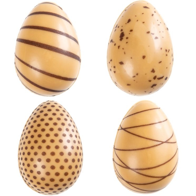 4 huevos pequeos con motivos 3D (3, 8 cm) - Chocolate y caramelo 