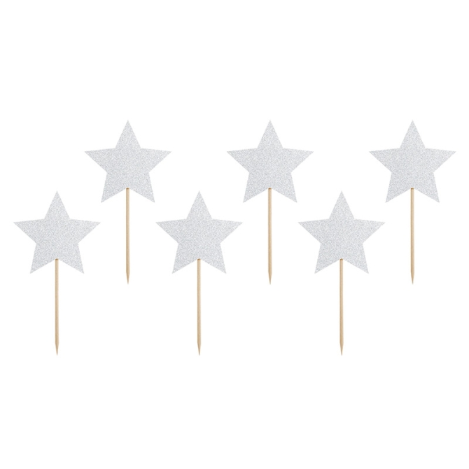 6 palillos de estrellas plateadas con purpurina (11 cm) 