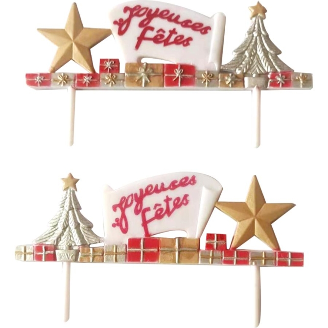 2 pas para friso Happy Holidays Abeto / Estrella plateada / dorada (11 cm) - Plstico 