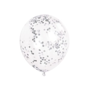 6 Globos Transparentes y Confeti Plateado