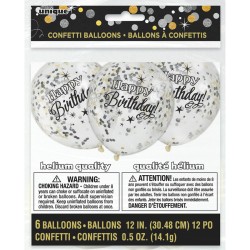 6 globos negros de feliz cumpleaos y confeti dorado / plateado. n1