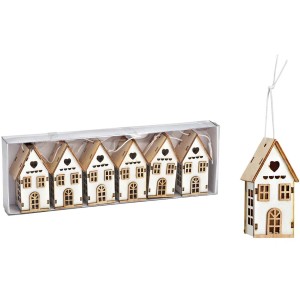 Set de 6 Colgantes Casa Navidad 7 cm - Madera Blanca